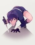  black_gloves black_hair cuts eyebrows eyebrows_visible_through_hair gloves holding holding_weapon injury looking_at_viewer male_focus military military_uniform o-ishi purple_eyes shorts solo squatting tantou touken_ranbu uniform weapon yagen_toushirou 