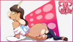  anthro bottomless brown_hair butt caprine clothed clothing freckles girly goat-head_(artist) hair hooves horn legwear looking_back male mammal open_mouth skimpy thigh_highs yellow_eyes 