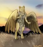  anthro brown_feathers digitigrade feathers feline fur jewelry kai lion male mammal necklace outside stupidsexyrobes sunset teal_eyes wings yellow_feathers yellow_fur young 