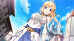  bare_shoulders blonde_hair blue_eyes blush breasts castle cloud day dutch_angle game_cg jpeg_artifacts kenseiki_alpha_ride letiola_(kenseiki_alpha_ride) looking_at_viewer medium_breasts outdoors princess sky smile solo standing tiara 