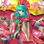  blush cup eisen0502 fan folding_fan front_ponytail green_eyes green_hair hair_ribbon highres hinamatsuri japanese_clothes kagiyama_hina kimono layered_clothing layered_kimono long_hair long_sleeves ribbon sakazuki smile solo touhou wide_sleeves 