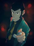  arsene_lupin_iii black_hair cigarette dark fire flame formal green_jacket hand_up jacket lighter looking_at_viewer lupin_iii male_focus mouth_hold necktie reaching_out seven_(seven8xxx) sideburns smoking solo suit yellow_neckwear zippo_(object) 