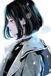  1girl artist_name black_hair blue_eyes bob_cut earrings eri_kamijo expressionless jewelry neck_ribbon original profile ribbon short_hair solo upper_body white_background 