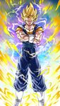  aura blonde_hair boots crossed_arms dougi dragon_ball dragon_ball_z earrings electricity gloves green_eyes highres jewelry kim_yura_(goddess_mechanic) male_focus muscle potara_earrings signature smile solo spiked_hair super_saiyan vegetto white_footwear white_gloves 