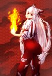  arched_back arm_at_side ass bangs blhe blunt_bangs bow breasts collared_shirt fire fireball flame from_behind fujiwara_no_mokou hair_bow highres light_smile long_hair looking_to_the_side medium_breasts pants red_background red_eyes red_pants seigaiha shirt sleeve_rolled_up solo suspenders touhou very_long_hair white_hair white_shirt 