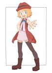  bad_id bad_pixiv_id blue_eyes boots brown_footwear full_body hand_on_hip hat light_brown_hair nyonn24 open_mouth outstretched_arm pink_skirt pokemon pokemon_(anime) pokemon_xy_(anime) serena_(pokemon) skirt sleeveless_duster solo thighhighs zettai_ryouiki 