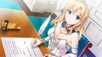  blonde_hair blue_eyes breasts cleavage dutch_angle game_cg highres kenseiki_alpha_ride large_breasts letiola_(kenseiki_alpha_ride) looking_at_viewer princess quill solo table tiara writing 