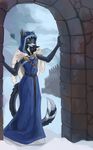  anthro avian black_fur black_hair brown_nose canine clothed clothing day demicoeur detailed_background feline female fur hair hybrid mammal outside pale_eyes scales snow solo standing 