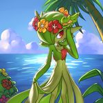  flower gardevoir gen_3_pokemon gen_7_pokemon magical_jim no_humans palm_tree pokemon pokemon_(creature) red_eyes tree 