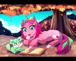  black_bars book bow cutie_mark day detailed_background duo equine eyelashes fan_character female fur grass green_eyes green_hair hair hooves ka-samy lying mammal my_little_pony nude outside pink_fur pink_hair sky smile tongue tree white_hooves 