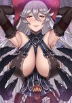  armband armpits arms_behind_head arms_up bangs bare_shoulders belt between_breasts blush breasts closed_mouth curtains deras detached_sleeves eyelashes floating floating_object gauntlets granblue_fantasy hair_between_eyes hat indoors lace_trim large_breasts light_particles long_hair looking_at_viewer magisa_(granblue_fantasy) pink_lips red_eyes silver_hair smile solo sweat upper_body window 