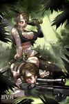  aiming ass ass_grab binoculars blueversusred blush breasts brown_hair cleavage deep_skin dildo dual_persona eyeshadow front-tie_bikini front-tie_top gloves grabbing_another's_ass green_eyes groping gun heavy_breathing large_breasts lying makeup metal_gear_(series) metal_gear_solid_v midriff mismatched_gloves multiple_girls navel no_panties on_stomach pantyhose ponytail pussy_juice quiet_(metal_gear) rifle scope selfcest sniper_rifle strap-on underboob weapon yuri 