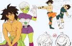  2girls 5boys anger_vein annoyed broly_(dragon_ball_super) bulma cheelai commentary dancing dragon_ball dragon_ball_super dragon_ball_super_broly english_commentary food frieza fruit fusion_dance leg_up multiple_boys multiple_girls outstretched_arms peachierue piccolo scar scouter shirtless simple_background son_gokuu sparkle twitter_username vegeta white_background 