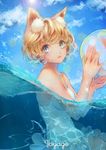  \||/ absurdres animal_ears ball beachball blonde_hair blue_eyes cloud day eyebrows eyebrows_visible_through_hair fox_ears highres lens_flare lips looking_at_viewer original parted_lips partially_submerged partially_underwater_shot sai_ichirou short_hair slit_pupils solo sparkle swimming swimsuit swimsuit_skirt water white_swimsuit 