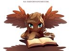  brown_feathers brown_fur brown_hair equine eyelashes fan_character feathered_wings feathers female fur hair hooves ka-samy looking_at_viewer lying mammal my_little_pony pegasus simple_background smile white_background wings 