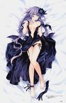  absurdres ankle_ribbon bare_legs barefoot bed_sheet black_dress black_panties blue_eyes blush body_blush braid breasts breasts_apart cocktail_glass collarbone cup dakimakura dress drinking_glass earrings elbow_gloves eyebrows eyebrows_visible_through_hair feet full_body gloves gloves_removed groin hair_between_eyes hair_ornament head_tilt highres jewelry long_hair lying medium_breasts navel neptune_(series) no_bra number official_art on_back page_number panties panty_pull parted_lips power_symbol purple_hair purple_heart ribbon side-tie_panties single_elbow_glove single_glove solo symbol-shaped_pupils toes tsunako twin_braids underwear very_long_hair 