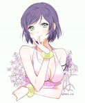  alternate_hair_length alternate_hairstyle arm_ribbon bad_id bad_pixiv_id bangle bangs bikini bracelet breasts chin_rest cleavage flower green_eyes halterneck jewelry light_smile looking_at_viewer love_live! love_live!_school_idol_project marin_(myuy_3) medium_breasts purple_hair ribbon short_hair smile solo swept_bangs swimsuit toujou_nozomi twitter_username upper_body 