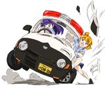  action asahina_mirai black_footwear blonde_hair bow broken_door car commentary_request drifting driving floating floating_object furrowed_eyebrows ground_vehicle hair_bow honda izayoi_liko long_hair mahou_girls_precure! motor_vehicle multiple_girls no_socks number one_side_up open_mouth pink_bow police police_car police_uniform policewoman precure purple_hair right-hand_drive round_teeth shoes short_hair short_sleeves sign sketch steering_wheel teeth umanosuke uniform you're_under_arrest 