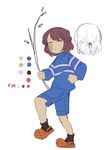  bandaid bandaid_on_face black_legwear braid branch brown_hair clenched_hands color_guide crocs english frisk_(undertale) highres shorts sketch soleilos solo stick striped striped_sweater sweater undertale 