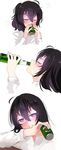  ahoge beer_bottle beer_can beifeng_han black_hair blush can closed_eyes dress_shirt drinking drunk glowing glowing_eyes hair_between_eyes long_hair messy_hair miyaura_sanshio multiple_views original profile purple_eyes shirt 