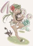  alolan_form alolan_raticate alolan_rattata alolan_sandslash bare_shoulders carrying claws dark_skin flat_color flower full_body grass green_eyes green_hair hair_flower hair_ornament highres looking_at_viewer mao_(pokemon) md5_mismatch nomura_(buroriidesu) pokemon pokemon_(creature) pokemon_(game) pokemon_sm raticate rattata sandslash shoes shorts simple_background smile trial_captain twintails 