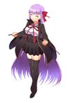  bb_(fate)_(all) bb_(fate/extra_ccc) black_legwear black_skirt closed_eyes fate/extra fate/extra_ccc fate_(series) hair_ribbon holding long_hair ookami_maito purple_hair red_ribbon ribbon simple_background skirt smile solo thighhighs very_long_hair white_background 