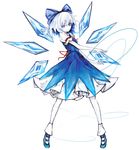  absurdres alternate_hair_color arm_garter blue_bow blue_dress blue_eyes blue_footwear bow cirno closed_mouth commentary_request dress full_body hair_bow highres ice ice_wings looking_at_viewer neck_ribbon pale_skin puffy_short_sleeves puffy_sleeves red_ribbon ribbon shoes short_sleeves silver_hair smile solo touhou white_background wings yutapon 