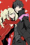  1girl amamiya_ren bangs black_gloves black_hair blonde_hair blue_eyes bodysuit breasts cleavage cowboy_shot curly_hair gloves grey_eyes hand_in_pocket lips looking_at_viewer medium_breasts minato_(robin) persona persona_5 pink_gloves red_background simple_background smile swept_bangs takamaki_anne twintails 