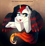  black_feathers equine eyelashes fan_character feathered_wings feathers female fur gradient_feathers horn ka-samy mammal my_little_pony red_feathers solo tongue white_fur white_hooves winged_unicorn wings yellow_eyes 