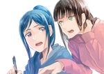  2girls artist_request black_hair blue_hair frown green_eyes hand_in_hair highres hime_cut hood hoodie kurosawa_dia long_hair looking_at_another love_live! love_live!_sunshine!! matsuura_kanan mole mole_under_mouth multiple_girls open_mouth pen ponytail purple_eyes upper_body white_background 