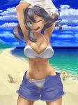  1girl armpits beach bikini black_hair blonde_hair breasts buried cleavage cloud cloudy_sky dark_skin day dexio_(pokemon) glasses large_breasts natto_soup ocean open_clothes open_fly open_shorts outdoors pokemon pokemon_(game) pokemon_sm shirt_lift short_hair shorts sina_(pokemon) sky swimsuit tan undressing white_bikini 