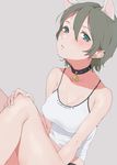  animal_ears aqua_eyes bare_shoulders bell bell_collar blush breasts cat_ears collar collarbone covered_nipples earrings green_hair hand_on_own_knee highres jewelry jingle_bell large_breasts looking_at_viewer nail_polish original shirt simple_background solo taut_clothes taut_shirt uni_(melm) 