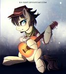  beard brown_eyes brown_hair clothed clothing equine facial_hair fan_character featureless_crotch feral fur hair hat hooves ka-samy male mammal musical_instrument my_little_pony sitting smile solo white_fur white_hooves 
