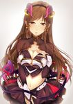  braid breasts brown_eyes brown_hair capelet demon_girl demon_horns demon_tail earrings gradient gradient_background horns idolmaster idolmaster_cinderella_girls jewelry large_breasts long_hair looking_at_viewer mizuki_hau navel nitta_minami parted_lips solo succubus tail 