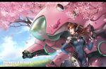  2016 animal_print arm_cannon artist_name bangs blue_sky bodysuit boots bracer breasts breasts_apart brown_eyes brown_hair bunny_print character_name charm_(object) cherry_blossoms closed_mouth cloud cloudy_sky copyright_name cowboy_shot d.va_(overwatch) dated day emblem facepaint facial_mark finger_on_trigger gatling_gun gloves grass gun hand_on_hip hand_up handgun headphones highres holding holding_gun holding_weapon letterboxed lips lipstick logo long_hair long_sleeves makeup mecha medium_breasts meka_(overwatch) overwatch pauldrons petals pilot_suit pink_lipstick plant ribbed_bodysuit shoulder_pads skin_tight sky smile solo thigh_boots thigh_gap thigh_strap thighhighs turtleneck watermark weapon web_address whisker_markings white_footwear white_gloves yan_wong 