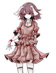  animal_ears arm_garter brown_hair bunny_ears bunny_girl commentary_request cowboy_shot dress embellished_costume highres inaba_tewi layered_dress looking_away pale_skin pink_dress red_eyes short_hair solo thighhighs touhou white_background white_legwear wristband yutapon 