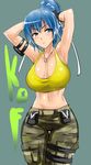  &gt;:( adjusting_hair armpits arms_up black_gloves blue_eyes blue_hair blush breasts camouflage camouflage_pants cleavage closed_mouth commentary_request cowboy_shot frown gloves highres jewelry large_breasts leona_heidern looking_away midriff navel necklace okyou pants ponytail shiny shiny_skin solo stomach sweat tank_top the_king_of_fighters the_king_of_fighters_xiv v-shaped_eyebrows 