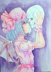  bat_wings blue_hair frown hands_up hat highres holding mob_cap photo profile red_eyes remilia_scarlet short_hair skull solo touhou traditional_media watercolor_(medium) wings wrist_cuffs yuyu_(00365676) 