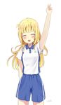  :d beifeng_han blush closed_eyes cyou_shigen gym_shorts highres long_hair open_mouth original polo_shirt shorts simple_background smile solo v white_background 
