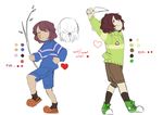  bandaid bandaid_on_face black_legwear braid branch brown_hair chara_(undertale) clenched_hands color_guide commentary crocs english frisk_(undertale) heart heart_necklace heart_pendant jewelry kneehighs knife necklace parted_lips red_eyes shorts sketch smile soleilos spoilers standing stick striped striped_sweater sweater undertale 