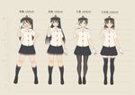  absurdres alternate_costume black_footwear black_hair black_legwear brown_hair buttons character_name chart chikuma_(kantai_collection) chitose_(kantai_collection) chiyoda_(kantai_collection) gloves grey_hair hand_on_hip hat height_chart highres kantai_collection key_kun long_hair looking_at_viewer multiple_girls open_mouth pantyhose pleated_skirt shoes skirt smile standing thighhighs tone_(kantai_collection) translated twintails white_gloves zettai_ryouiki 