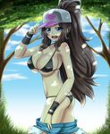  alternate_breast_size armband ass bare_arms bare_shoulders bikini black_bikini black_hair breasts butt_crack cleavage collarbone day hand_on_headwear hat highres large_breasts long_hair looking_at_viewer open_mouth outdoors pokemon ponytail shorts shorts_pull skindentation sky smile solo strap_gap swimsuit takecha touko_(pokemon) tree undressing 