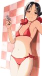  1girl armpits bangs bare_arms bare_shoulders bikini black_hair blush checkered checkered_background collarbone cowboy_shot eyebrows_visible_through_hair flat_chest gun hair_ribbon highres holding holding_gun holding_weapon kaguya-sama_wa_kokurasetai_~tensai-tachi_no_renai_zunousen~ looking_at_viewer navel nervous_smile nose_blush parted_bangs parted_lips red_bikini red_eyes red_ribbon ribbon shinomiya_kaguya short_hair side-tie_bikini solo stomach string_bikini swimsuit tomitayaki trigger_discipline weapon weapon_request 