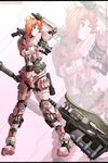  absurdres crown dishwasher1910 explosive gravity_hammer green_eyes grenade grenade_launcher grin gun halo_(game) hammer handgun headwear_removed helmet helmet_removed highres nora_valkyrie one_eye_closed orange_hair parody pink_armor pistol power_armor rwby smile solo spartan_(halo) weapon 