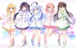 5girls :&lt; :d :o ;d angora_rabbit animal animal_on_head ankle_boots aqua_eyes arm_behind_back arm_up bangs bare_legs blonde_hair blue_coat blue_footwear blue_hair blue_skirt blunt_bangs blush boots breasts brown_hair bunny chocho_(homelessfox) closed_mouth coat eyebrows_visible_through_hair full_body fur_collar gochuumon_wa_usagi_desu_ka? green_coat green_eyes green_skirt hair_bobbles hair_ornament hairband hairclip hand_in_hair head_tilt headphones high_heel_boots high_heels hoto_cocoa kafuu_chino kirima_sharo leg_up long_hair long_sleeves looking_at_viewer medium_breasts miniskirt multicolored multicolored_background multiple_girls on_head one_eye_closed open_mouth orange_hair outstretched_arm parted_lips pink_coat pink_skirt purple_eyes purple_hair purple_skirt skirt smile sparkle standing standing_on_one_leg straight_hair tareme tedeza_rize tippy_(gochiusa) twintails two_side_up ujimatsu_chiya white_coat white_footwear white_hairband winter_clothes winter_coat x_hair_ornament yellow_coat yellow_skirt 