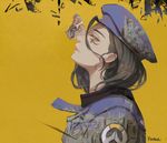  alternate_costume ana_(overwatch) beret black_hair blue_coat bug butterfly captain_amari coat dark_skin emblem facial_tattoo frown_(wonderland85711) hat insect lips logo long_hair looking_at_viewer overwatch parted_lips profile signature solo tattoo upper_body yellow_eyes younger 