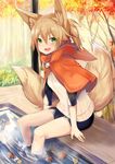  :d absurdres animal_ears arm_support autumn_leaves bike_shorts blush brown_hair capelet commentary_request day fang forest fox_ears fox_girl fox_tail green_eyes haik highres jacket kokonoe_tsubaki looking_at_viewer multiple_tails nature open_mouth original partially_submerged ponytail sidelocks sitting smile soaking_feet solo tail two_tails water white_jacket 