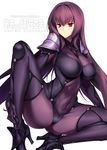  bodysuit breasts closed_mouth commentary_request cover cover_page covered_navel covered_nipples doujin_cover fate/grand_order fate_(series) harukon_(halcon) high_heels impossible_clothes large_breasts long_hair looking_away pauldrons purple_bodysuit purple_hair red_eyes scathach_(fate)_(all) scathach_(fate/grand_order) smile solo spread_legs very_long_hair white_background 