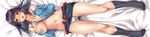  bed_sheet belt black_hair breasts cameltoe dakimakura eyebrows eyebrows_visible_through_hair full_body hands_on_own_chest highres kneehighs large_breasts long_hair looking_at_viewer lying navel nipples no_shoes nohito on_back open_fly open_mouth original panties red_eyes shorts solo sweat unbuckled_belt underwear undressing white_panties 
