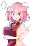  :o =3 angry areola_slip areolae bandaged_arm bandages bare_arms bare_shoulders blush breast_hold breasts bun_cover chinese_clothes chipa_(arutana) commentary_request double_bun flower ibaraki_kasen large_breasts looking_at_viewer naked_tabard open_mouth pink_eyes pink_flower pink_hair pink_rose rose scolding short_hair sideboob solo tabard touhou upper_body v-shaped_eyebrows white_background 